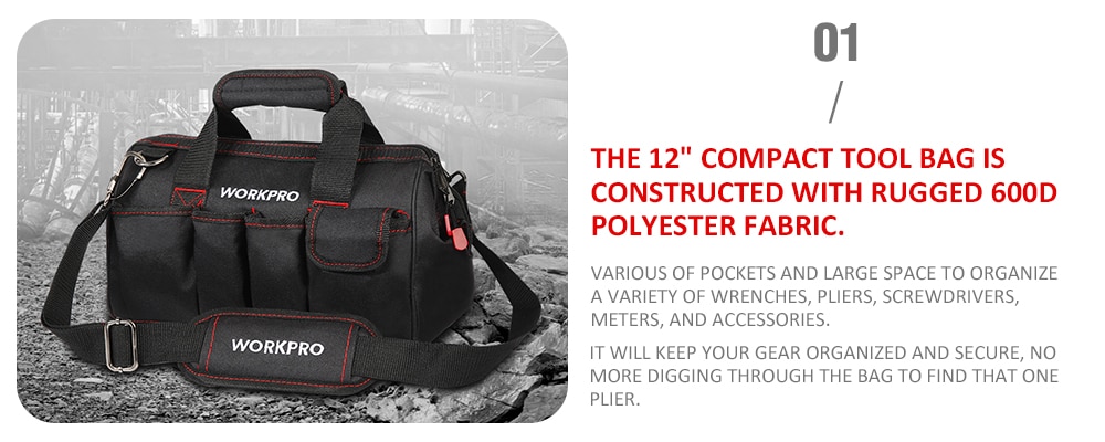 WORKPRO 12 inç alet çantası 600D Polyester elektrikçi omuzdan askili çanta alet setleri çantası çok çanta erkekler Crossbody çanta araçları